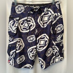 Maui Built Size 30x11 Board Shorts Blue White Print Swim Surf Trunks Aloha